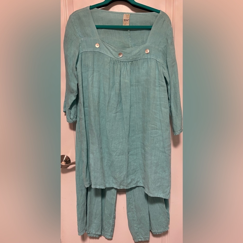 Match Point Teal 100% Linen Pantsuit Tunic Relaxed Fit Resort Lagenlook Club XL - Picture 7 of 12